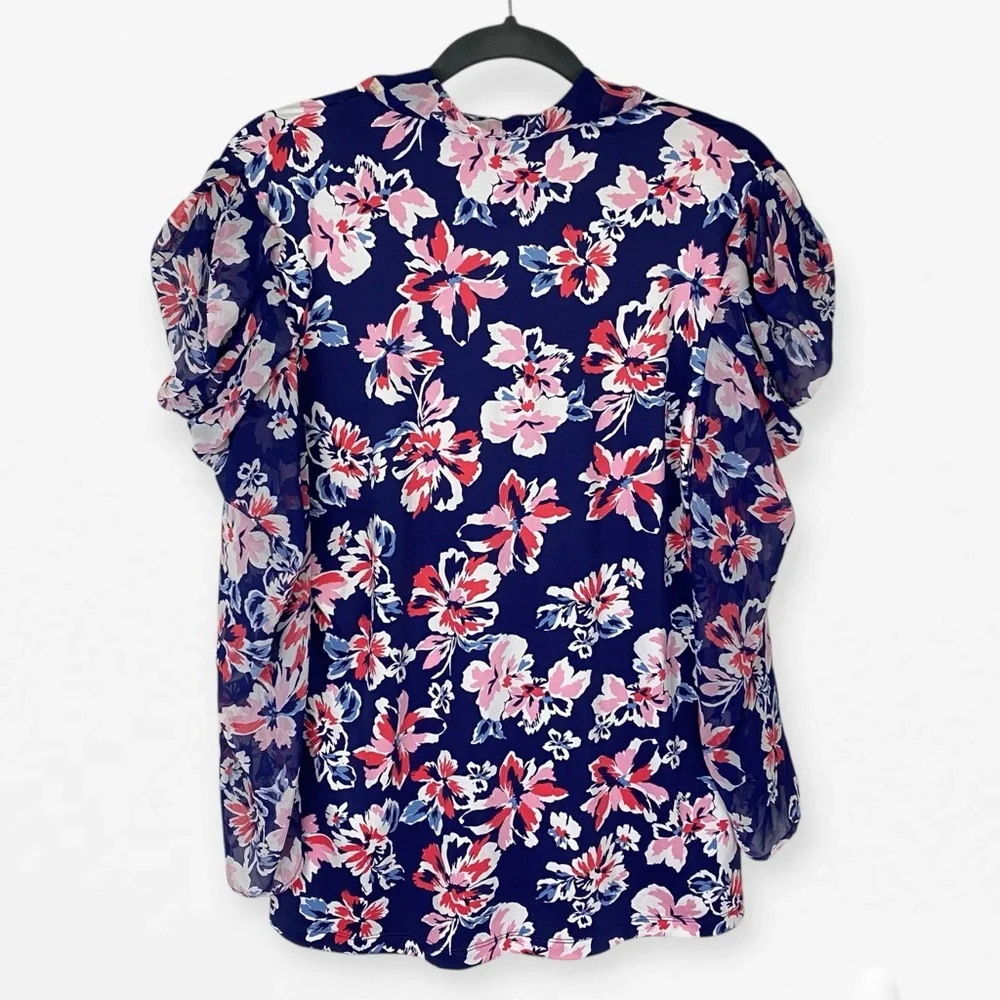 PerSeption Concept Blue Pink Tie scarf Front Ruffled Career v-neck Blouse top L - Picture 8 of 11